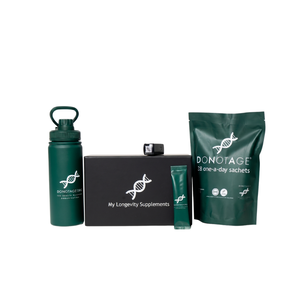 The DoNotAge&reg; bundle: the bottle, the Box for Life and the pouch of 28 sachets