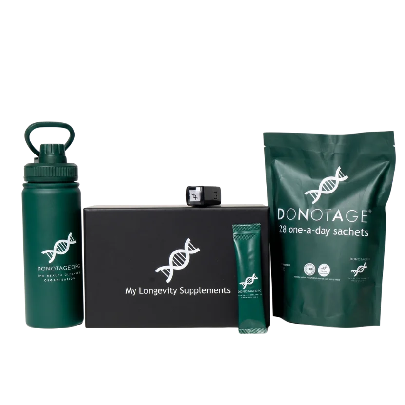 The complete DoNotAge® routine: sachets, bottle, box and shaker