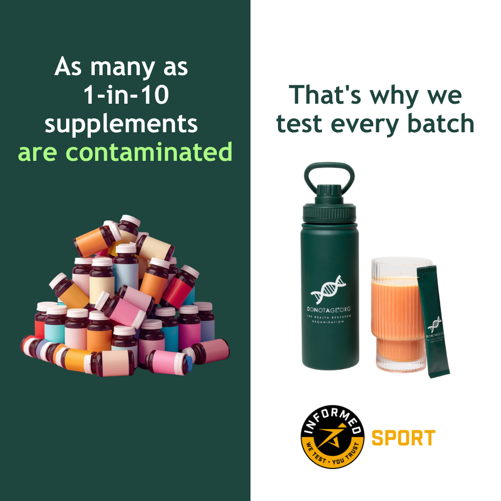 The DoNotAge® 15-in-1 bottle, glass and sachet