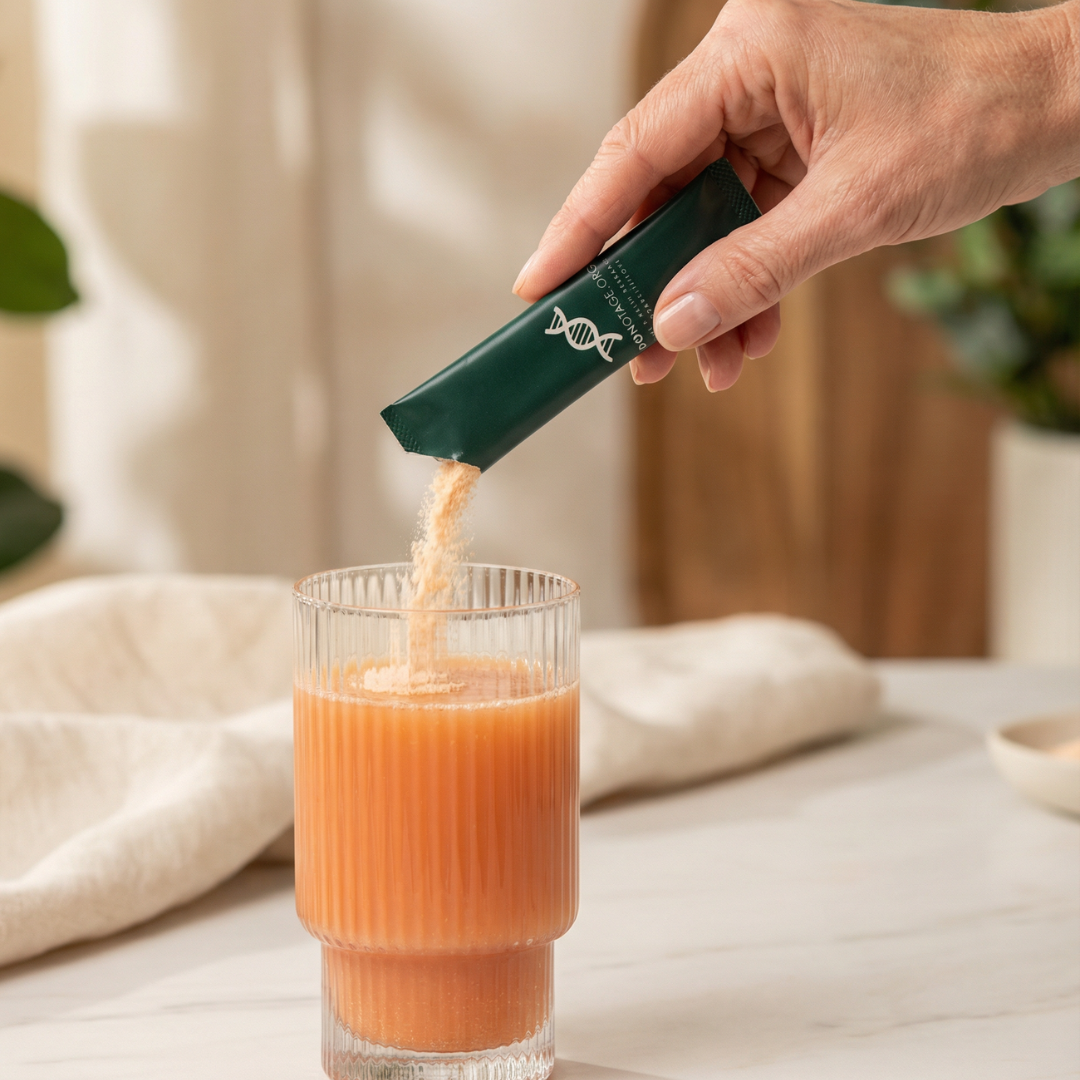 Pouring a DoNotAge® sachet into a glass