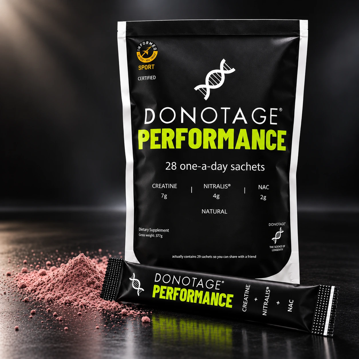 DoNotAge Performance pouch and sachet beside pink powder