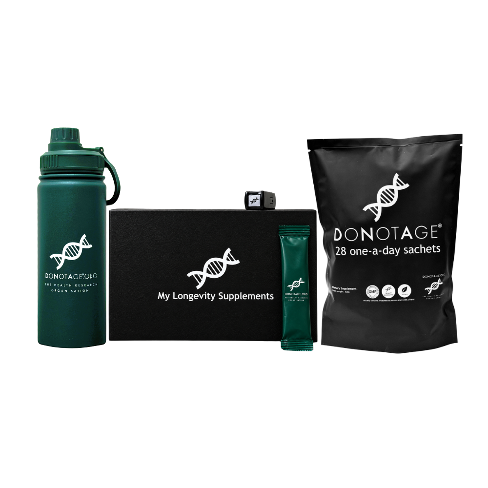 The DoNotAge® bundle: the bottle, the Box for Life and the pouch of 28 sachets