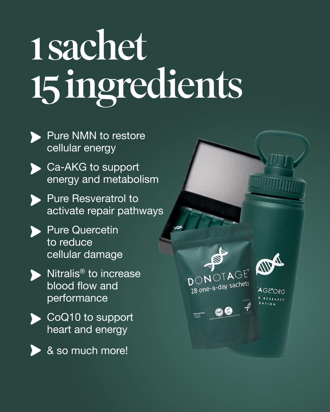 One sachet, fifteen ingredients: Pure NMN, Ca-AKG, Pure Resveratrol, Pure Quercetin, Nitralis®, CoQ10 and more
